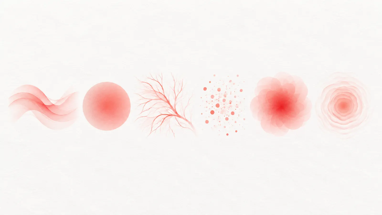 Six soft coral shapes in a row on cool white, each with a different pattern of waves, lines, dots and gradients